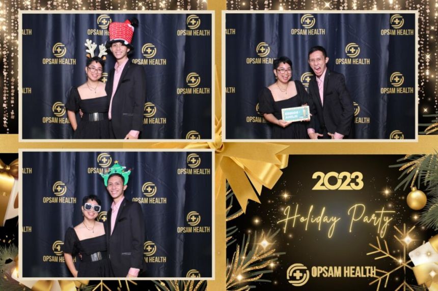 Holiday photo booth collage of two people posing with festive props in San Diego, CA