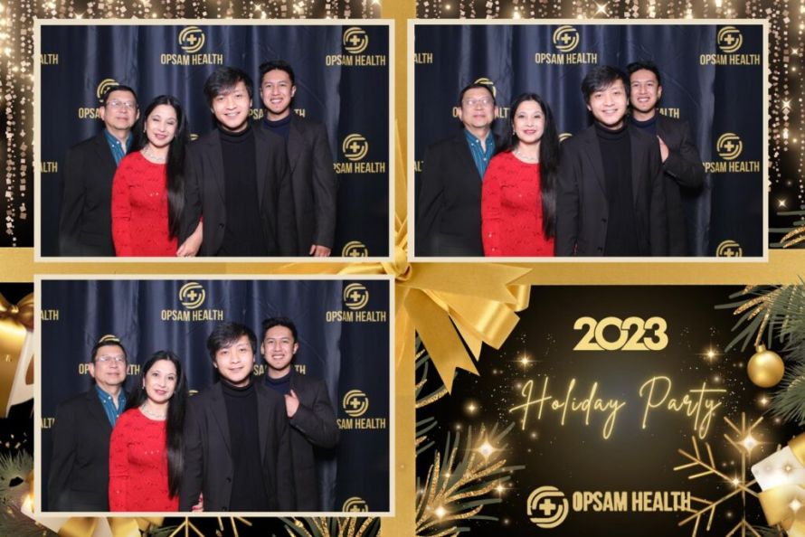 Holiday photo booth collage of three people posing together in San Diego, CA