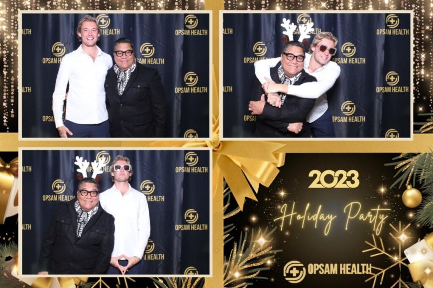 Holiday photo booth collage of two people posing and hugging playfully in San Diego, CA