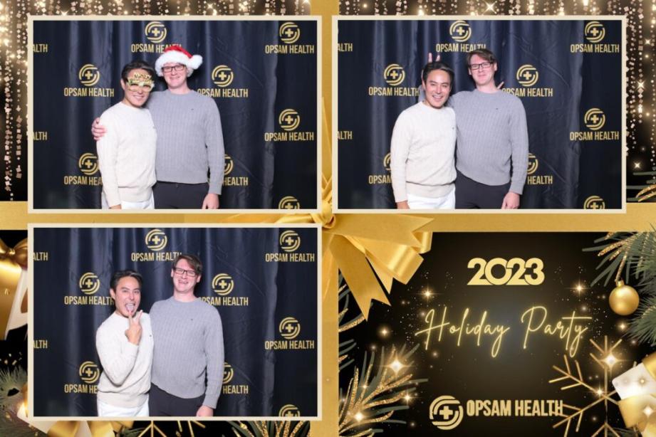 Two individuals posing with festive props at an OpSam Health employee event in San Diego, CA