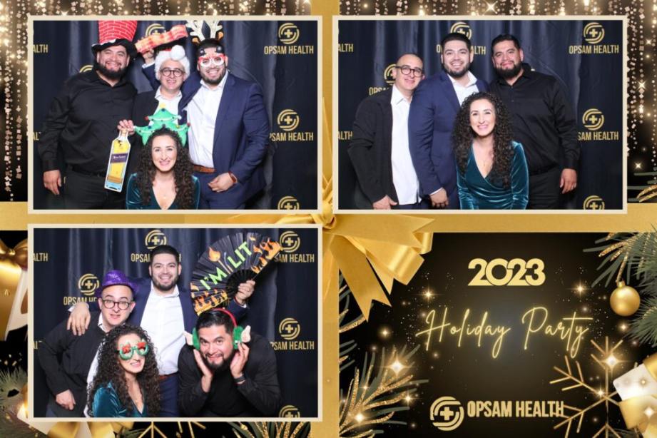 Five individuals are attending an OpSam Health staff holiday event in San Diego, CA